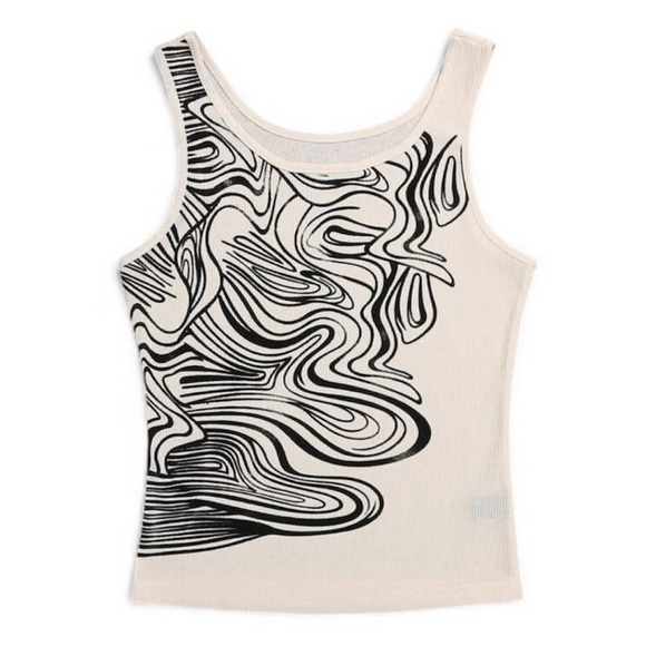Tops - Abstract Scribble Ripple Lines Black and Cream Tank Top